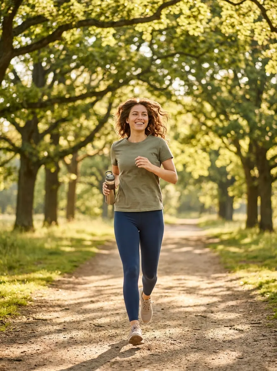 A person walking briskly along a leafy path outdoors